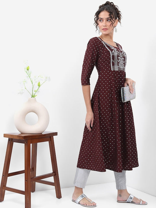 Vishudh Polka Dots Printed Thread Work A-Line Kurta