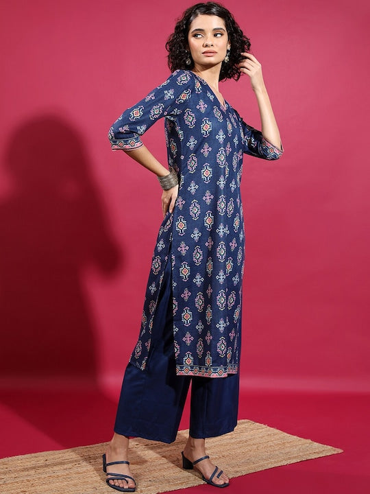 Vishudh Ethnic Motifs Printed Straight Kurta With Palazzos & Dupatta