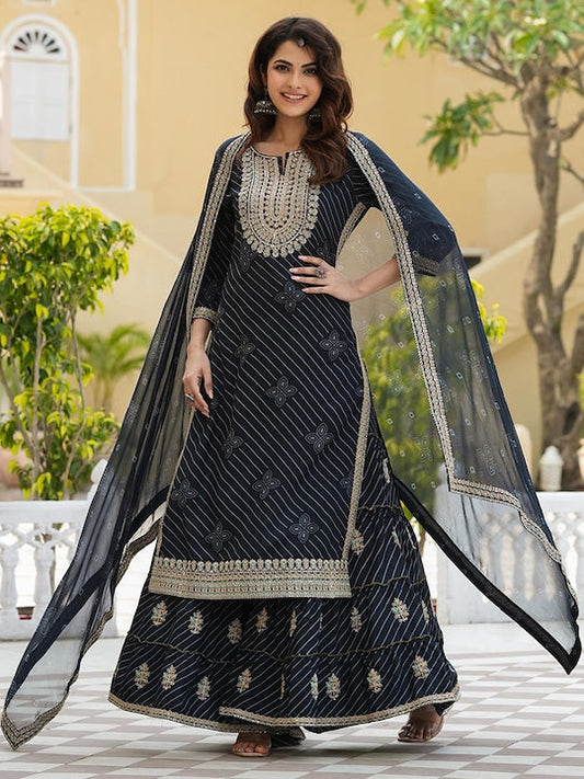 Scakhi Ethnic Motifs Printed Zari Kurta with Sharara & Dupatta