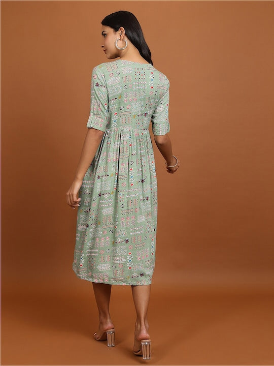 Vishudh Green Floral Printed A-Line Midi Dress