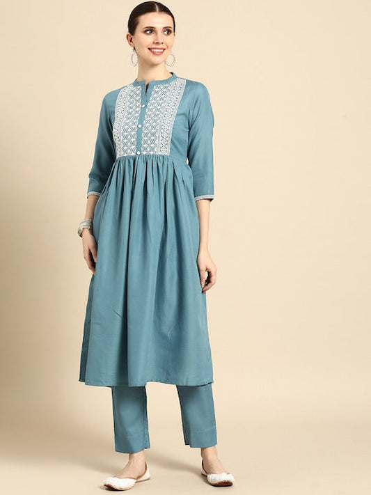 Anouk Women Blue & White Ethnic Motifs Yoke Design Pleated Anarkali Kurta with Trousers