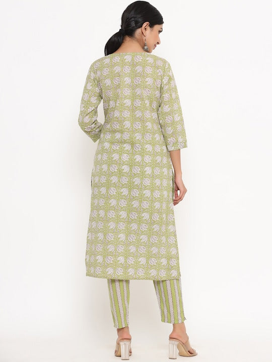 Yufta Women Floral Printed Pure Cotton Kurta with Trousers