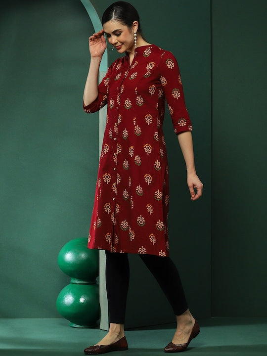 AKS Floral Printed Band Collar Cotton A-Line Kurta
