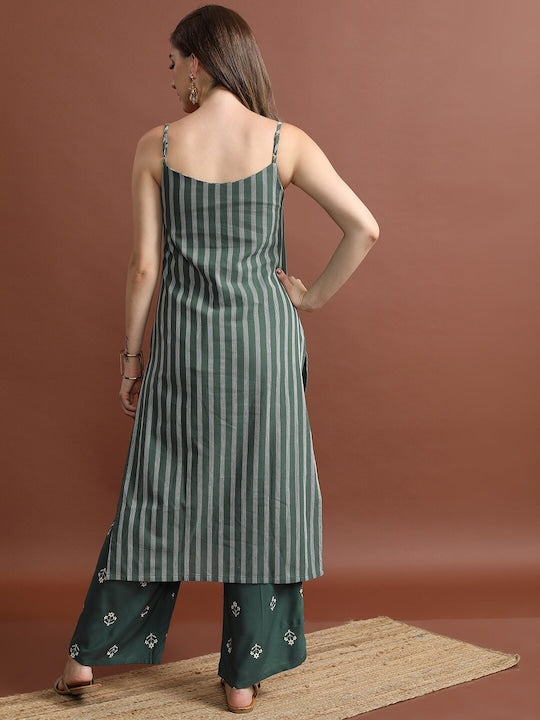Vishudh Olive Green Striped Shoulder Straps Straight Kurta with Palazzos