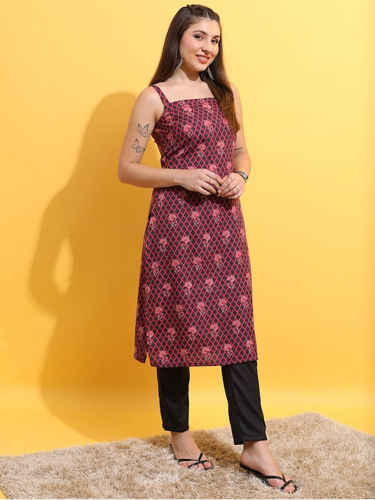Vishudh Floral Printed Shoulder Straps Straight Kurta