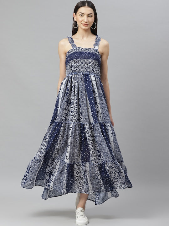 Myshka Navy Blue and White Geometric Printed Maxi Tiered Dress