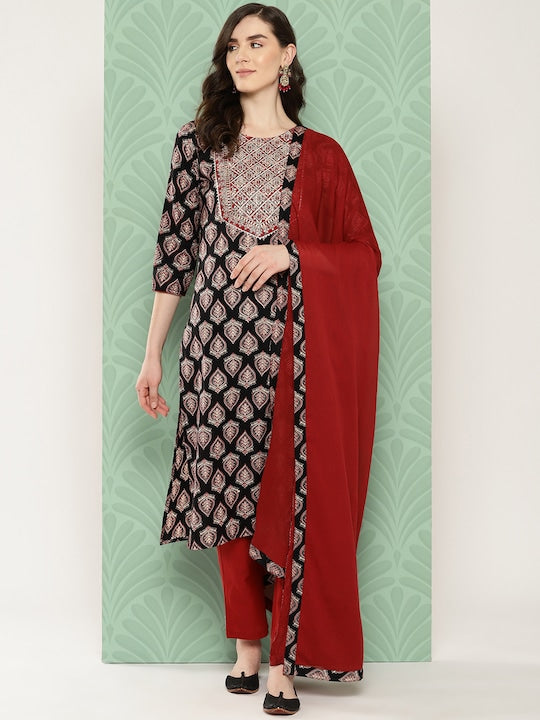 Yufta Women Ethnic Motifs Printed Regular Pure Cotton Kurta with Trousers & With Dupatta