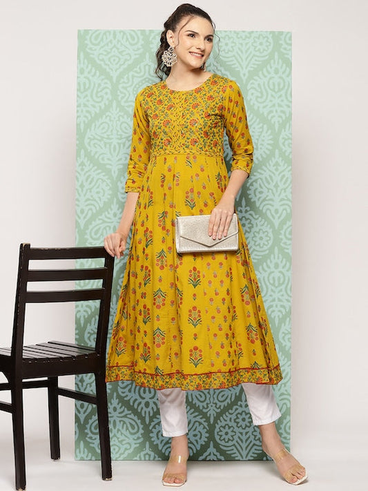 Yufta Ethnic Motifs Printed Cotton Floral Kurta
