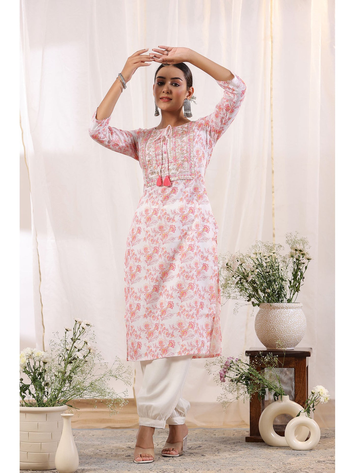 ISHIN Women's Pink Floral Printed Gotta Patti Rayon Straight Kurta