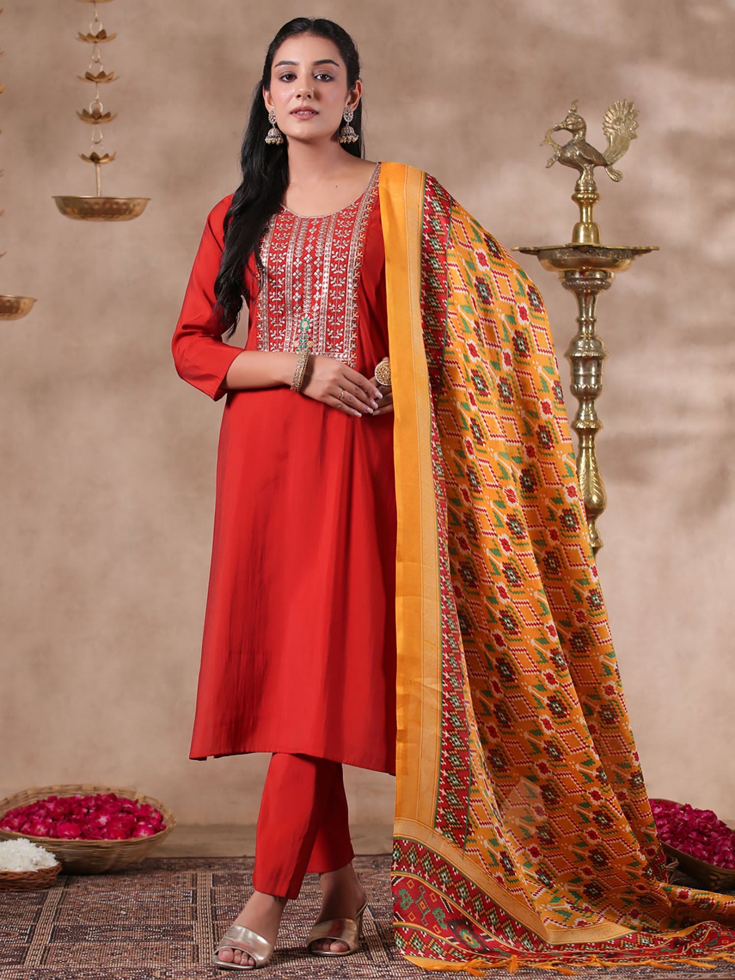 ISHIN Women's Yoke Design Embroidered Rust Straight Kurta with Trousers & Dupatta (Set of 3)