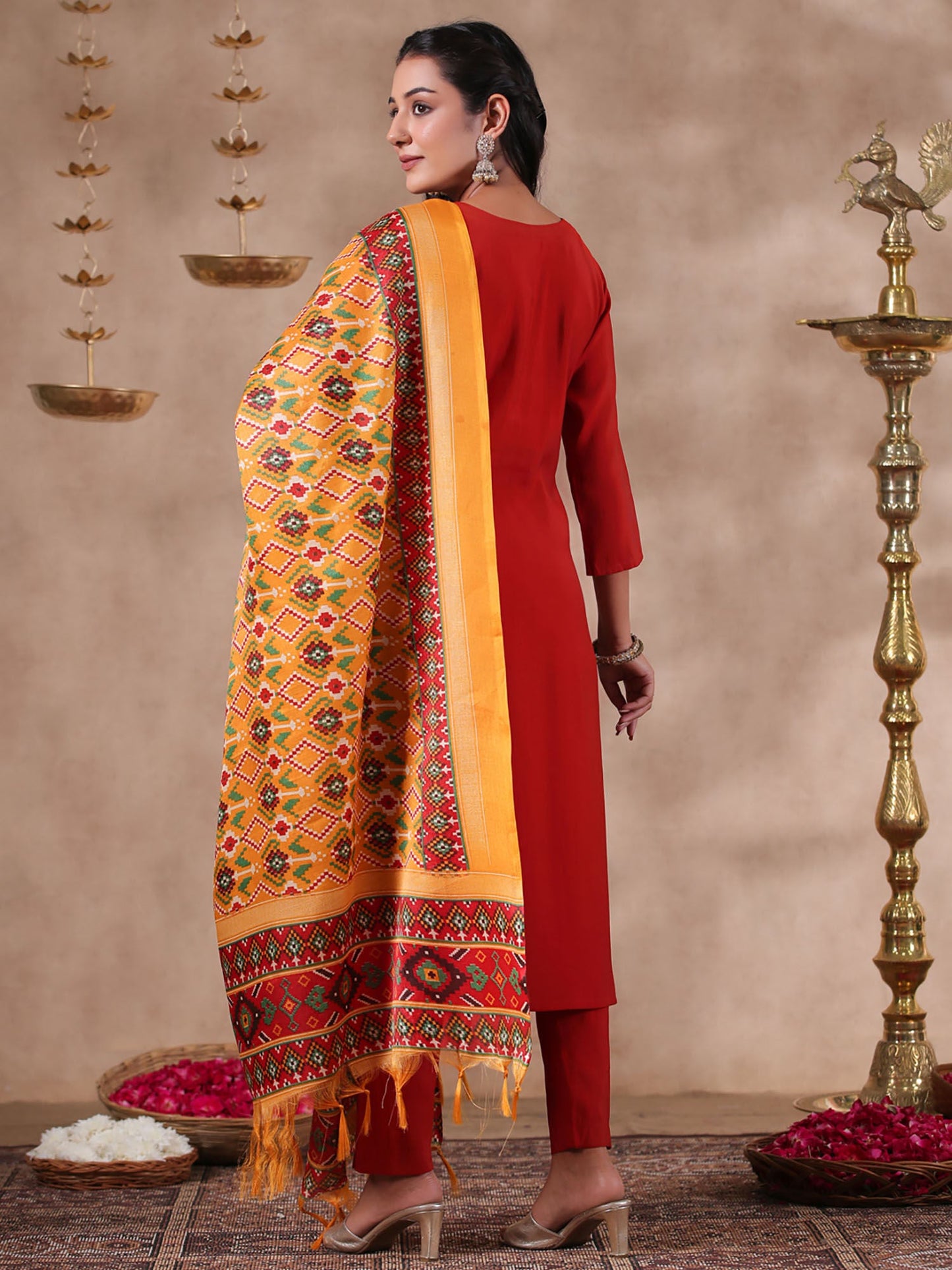 ISHIN Women's Yoke Design Embroidered Rust Straight Kurta with Trousers & Dupatta (Set of 3)