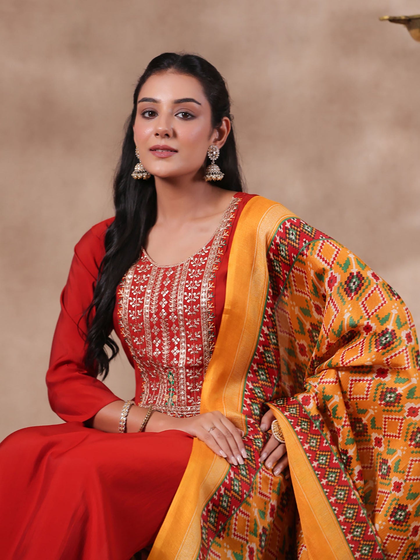 ISHIN Women's Yoke Design Embroidered Rust Straight Kurta with Trousers & Dupatta (Set of 3)