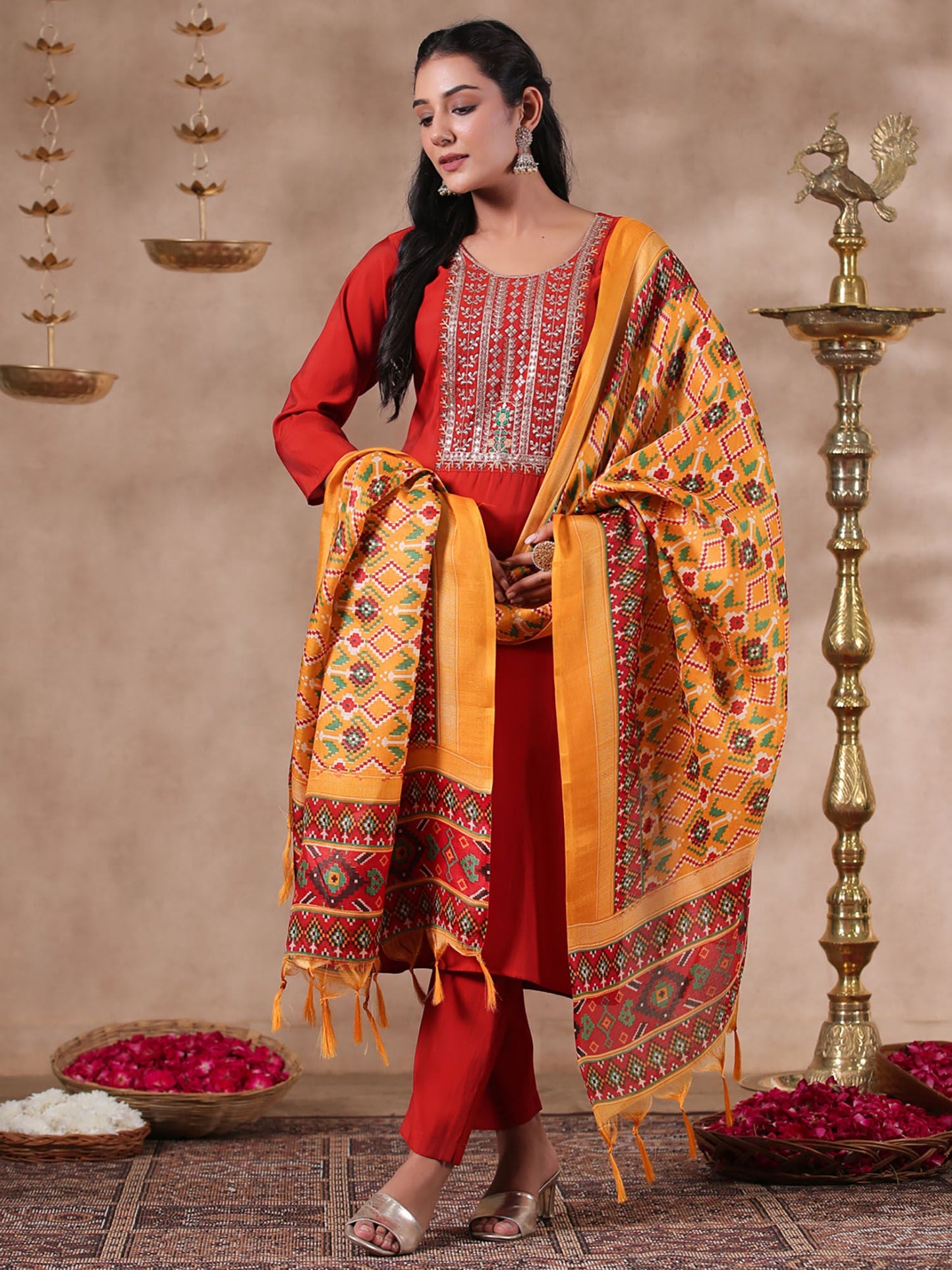 ISHIN Women's Yoke Design Embroidered Rust Straight Kurta with Trousers & Dupatta (Set of 3)