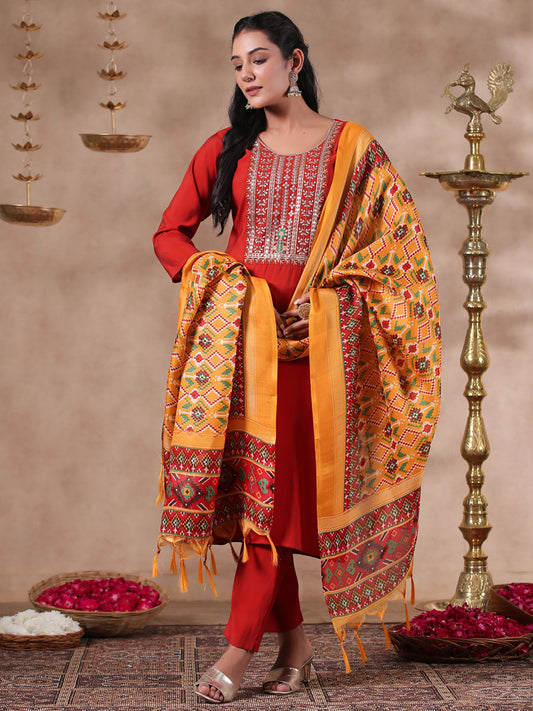 ISHIN Women's Yoke Design Embroidered Rust Straight Kurta with Trousers & Dupatta (Set of 3)