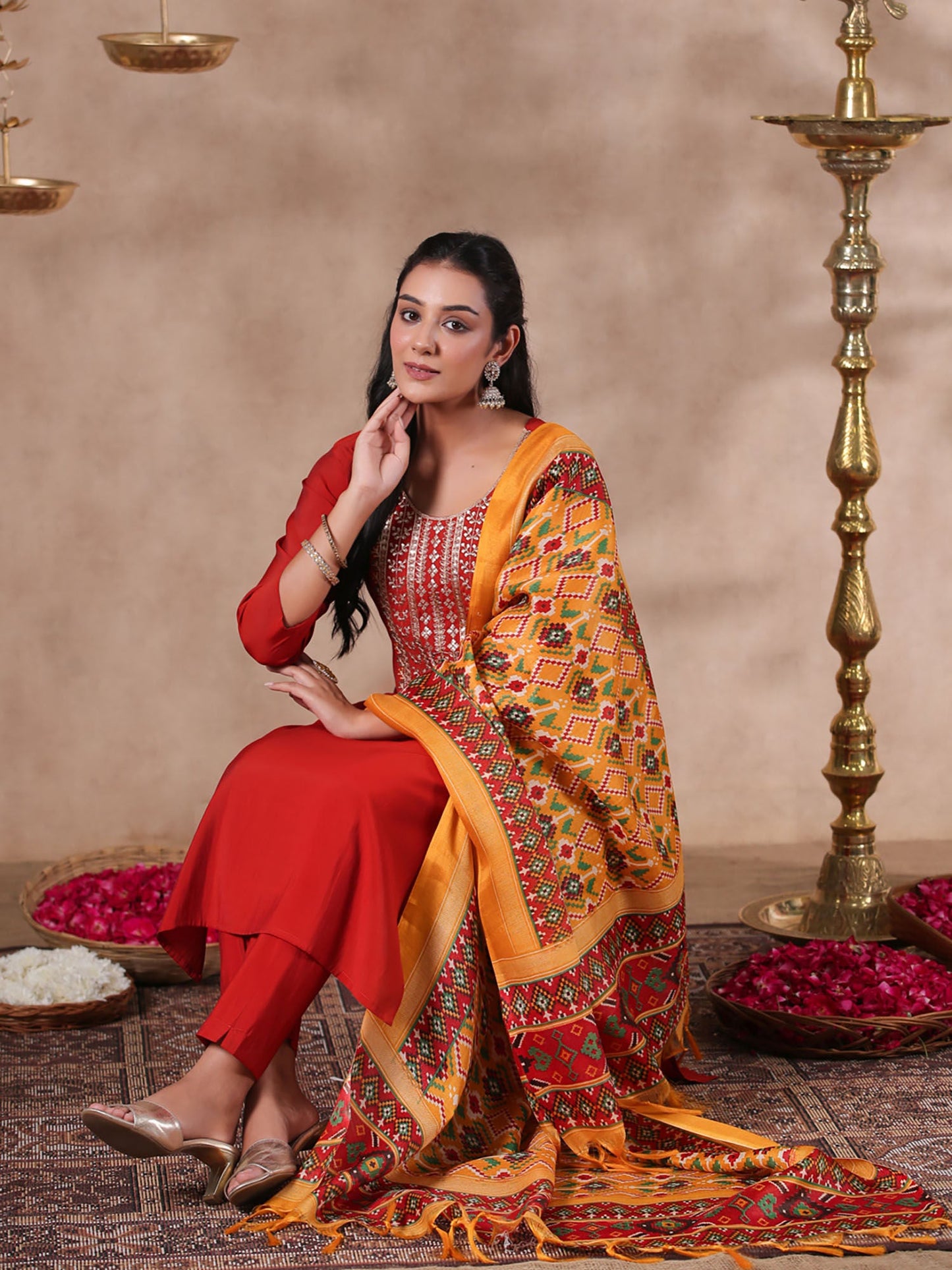 ISHIN Women's Yoke Design Embroidered Rust Straight Kurta with Trousers & Dupatta (Set of 3)