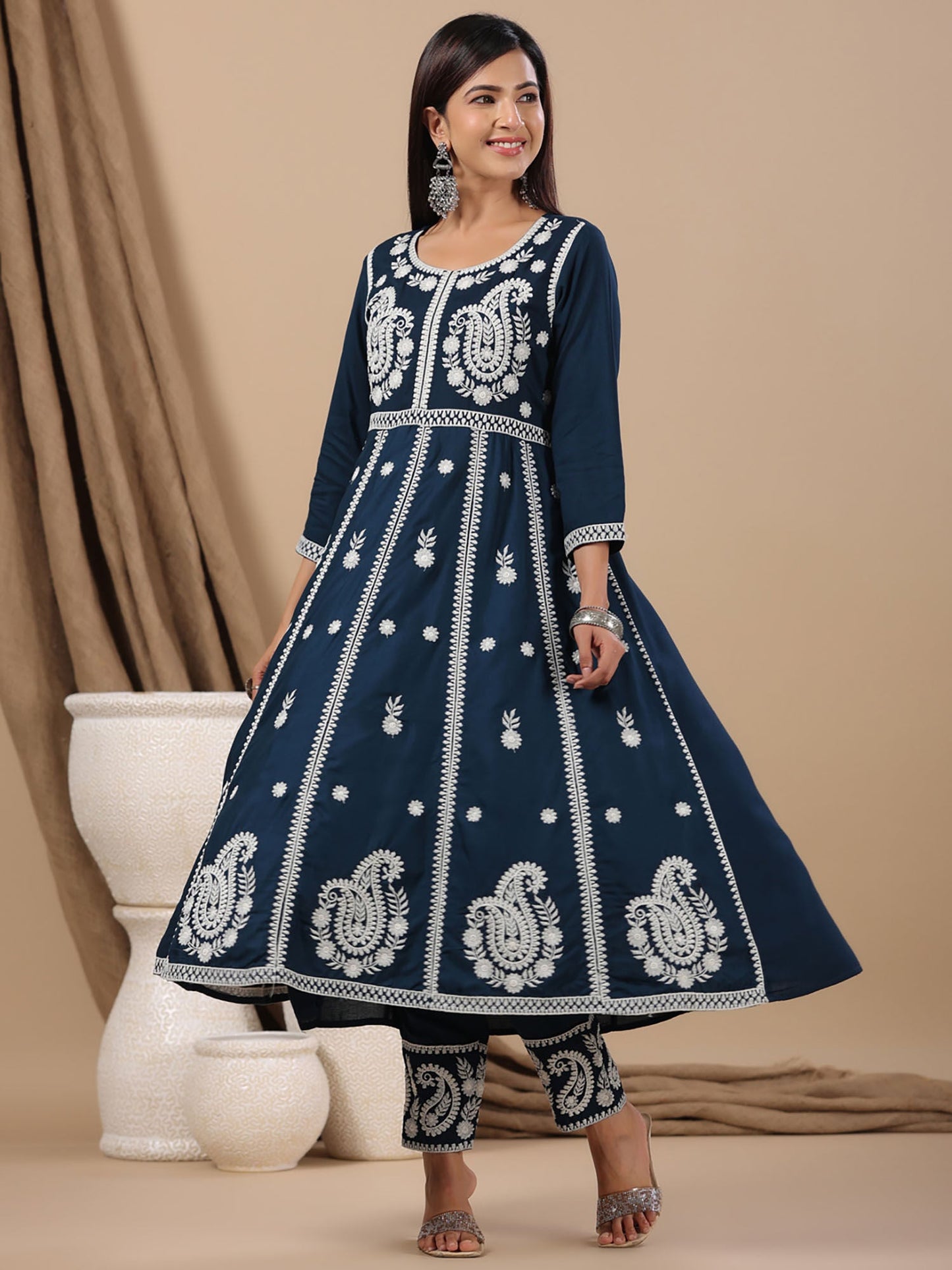 ISHIN Women's Viscose Rayon Embroidered Blue Flared Kurta with Trousers (Set of 2) - XL