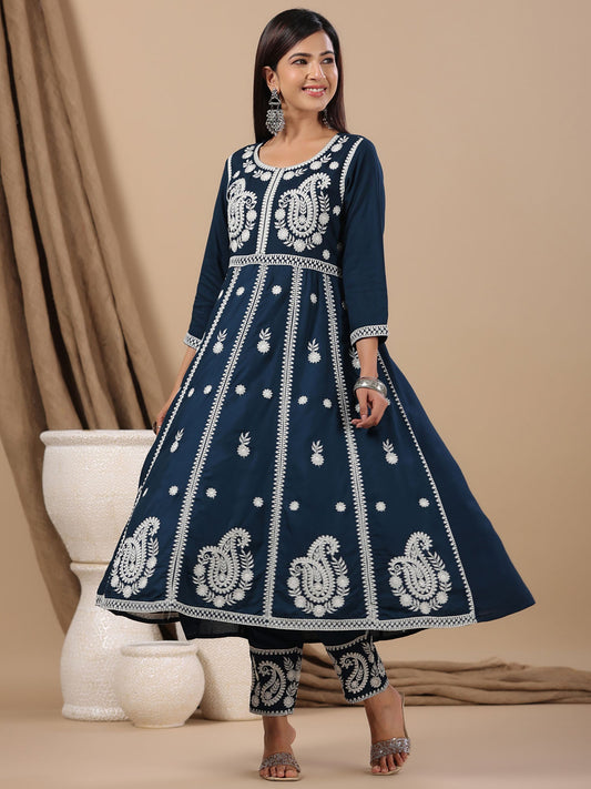 ISHIN Women's Viscose Rayon Embroidered Blue Flared Kurta with Trousers (Set of 2) - XL