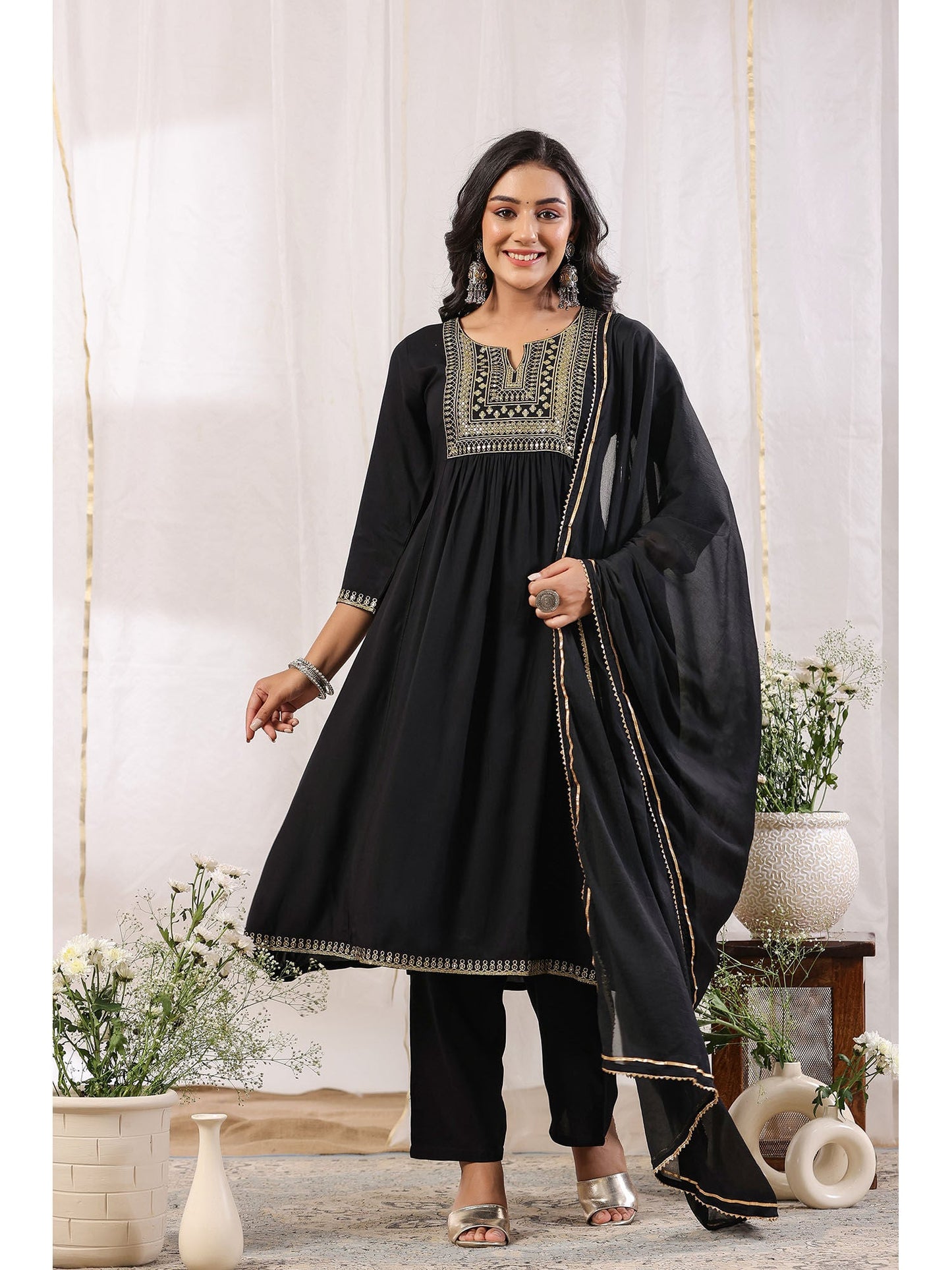 ISHIN Women's Black Yoke Design Zari Work A-Line Kurta with Trousers & Dupatta (Set of 3)