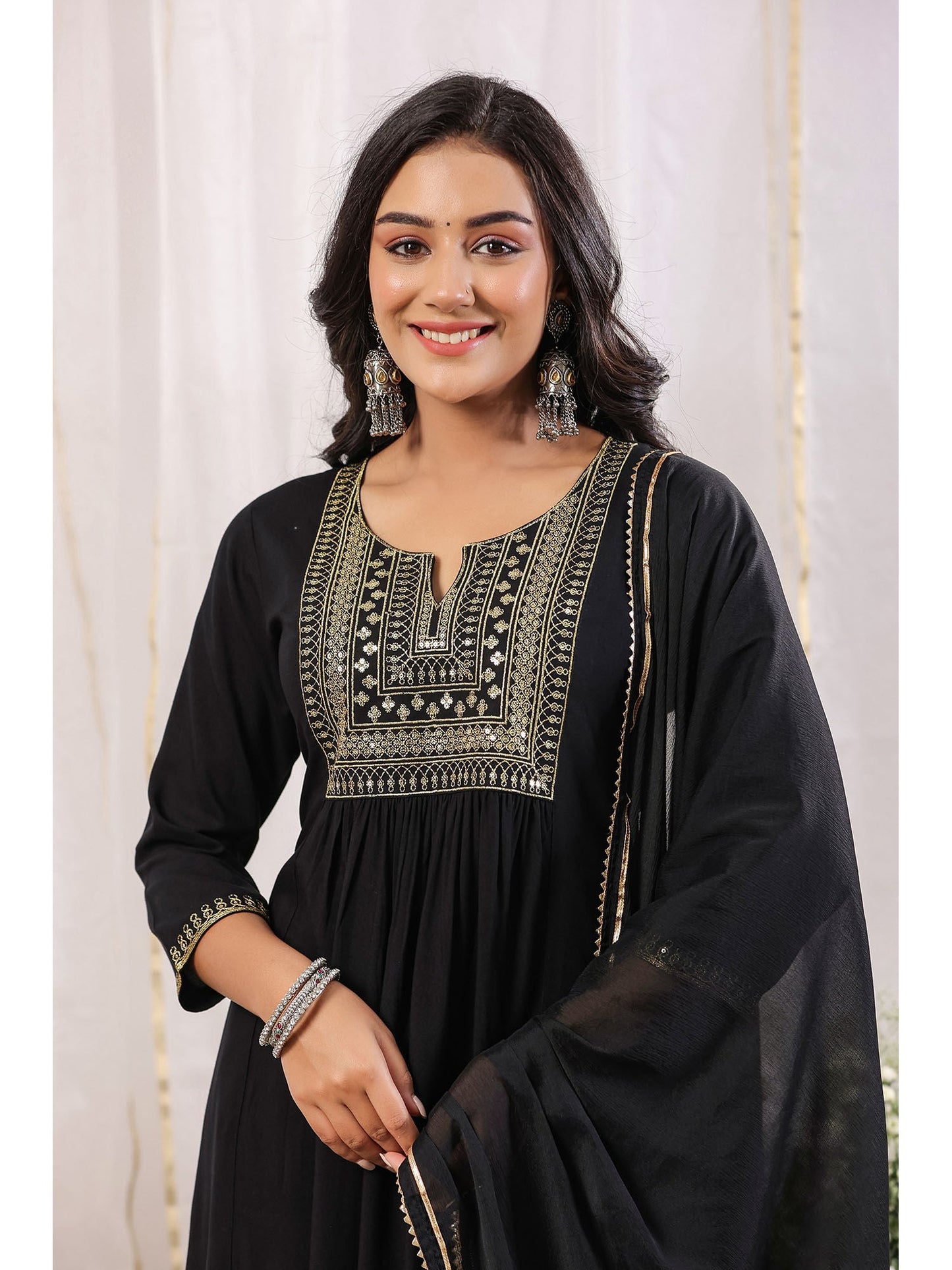 ISHIN Women's Black Yoke Design Zari Work A-Line Kurta with Trousers & Dupatta (Set of 3)