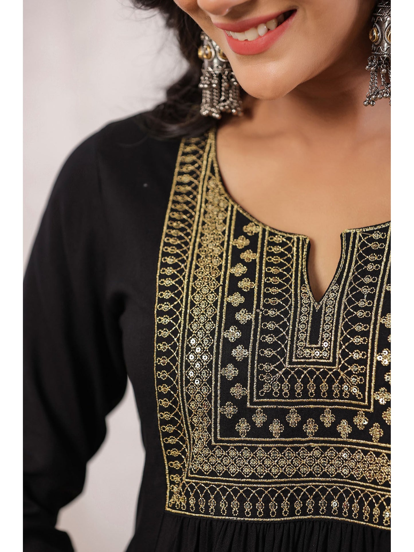 ISHIN Women's Black Yoke Design Zari Work A-Line Kurta with Trousers & Dupatta (Set of 3)