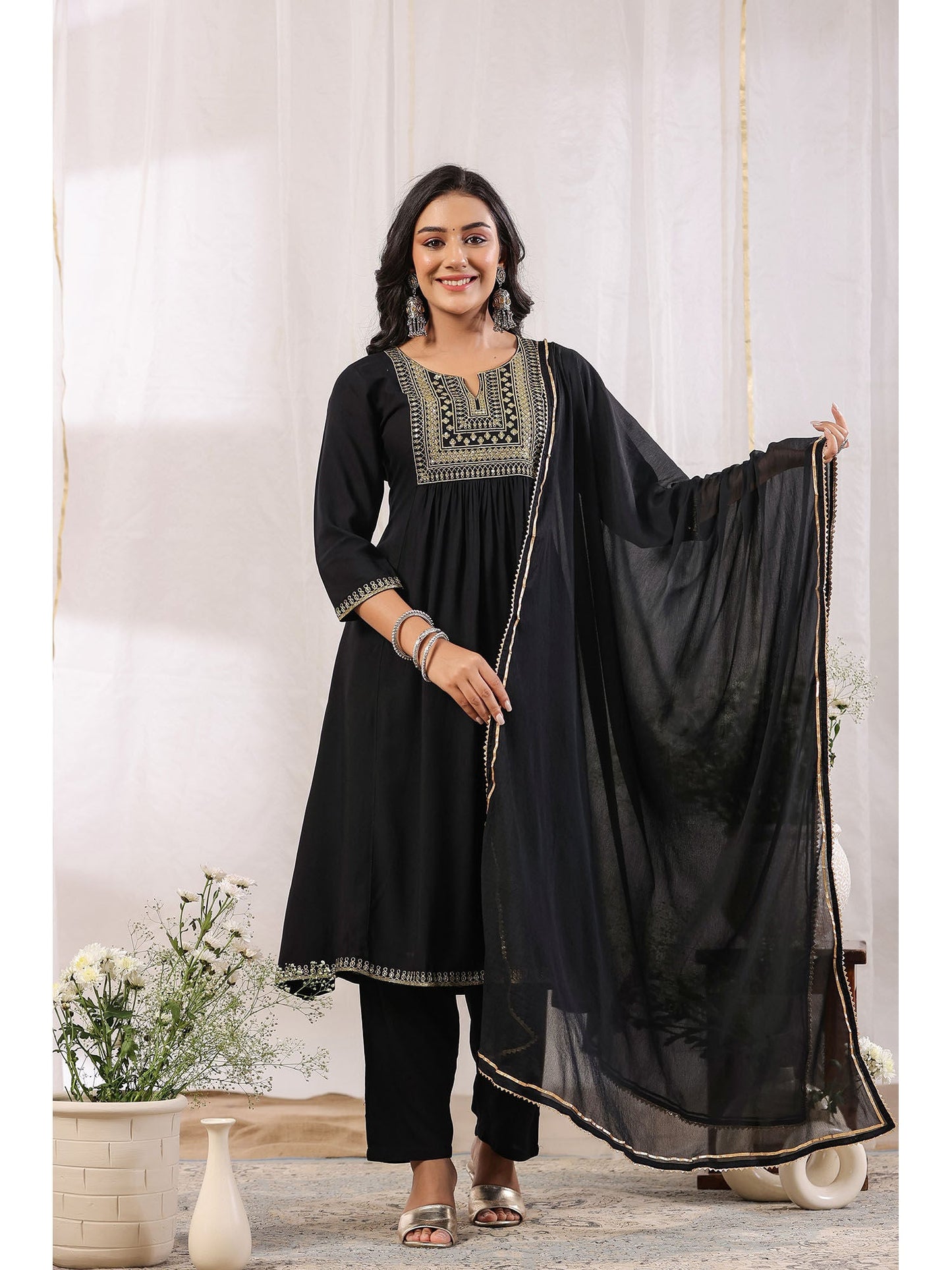ISHIN Women's Black Yoke Design Zari Work A-Line Kurta with Trousers & Dupatta (Set of 3)