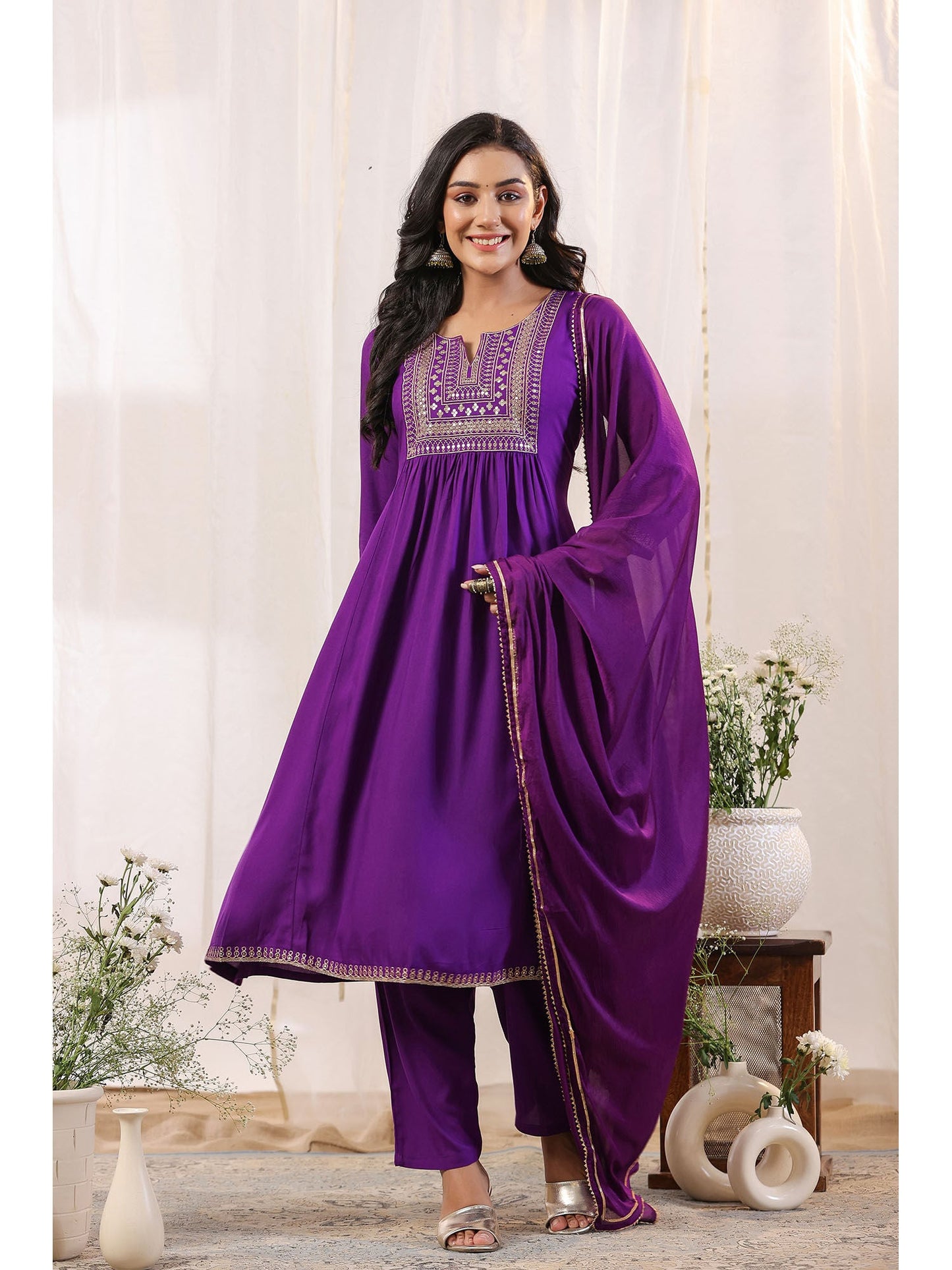 ISHIN Women's Purple Yoke Design Zari Work A-Line Kurta with Trousers & Dupatta (Set of 3)