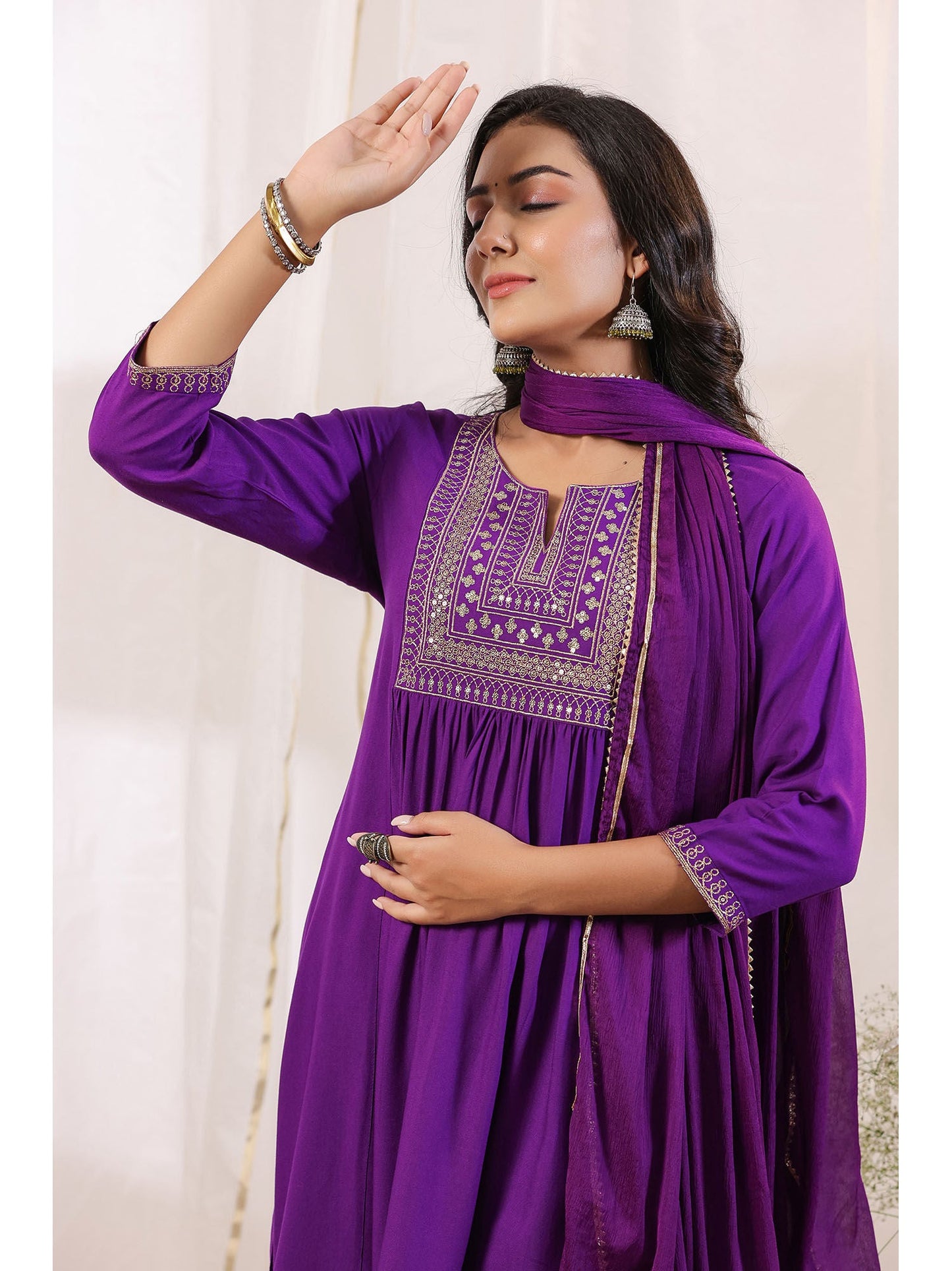 ISHIN Women's Purple Yoke Design Zari Work A-Line Kurta with Trousers & Dupatta (Set of 3)