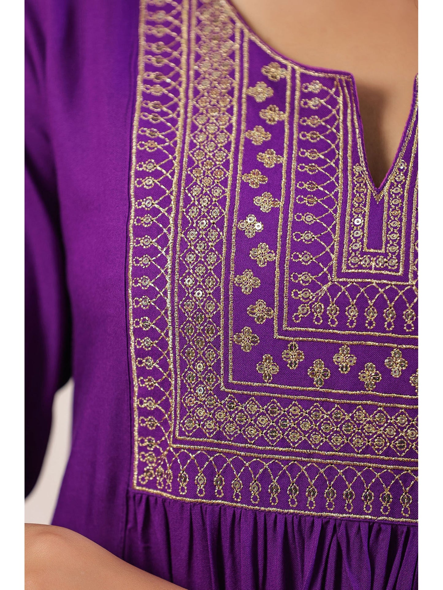 ISHIN Women's Purple Yoke Design Zari Work A-Line Kurta with Trousers & Dupatta (Set of 3)