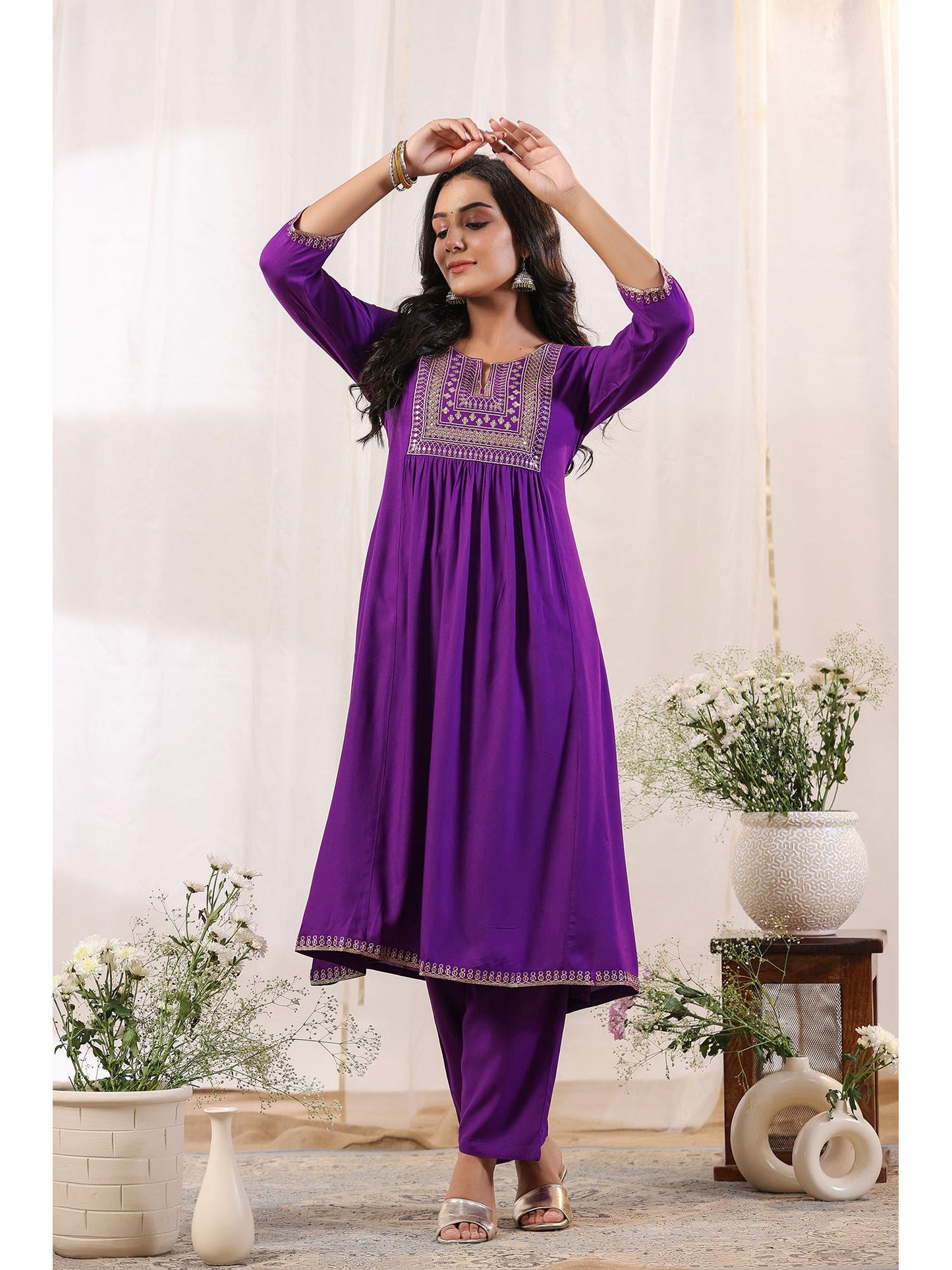 ISHIN Women's Purple Yoke Design Zari Work A-Line Kurta with Trousers & Dupatta (Set of 3)
