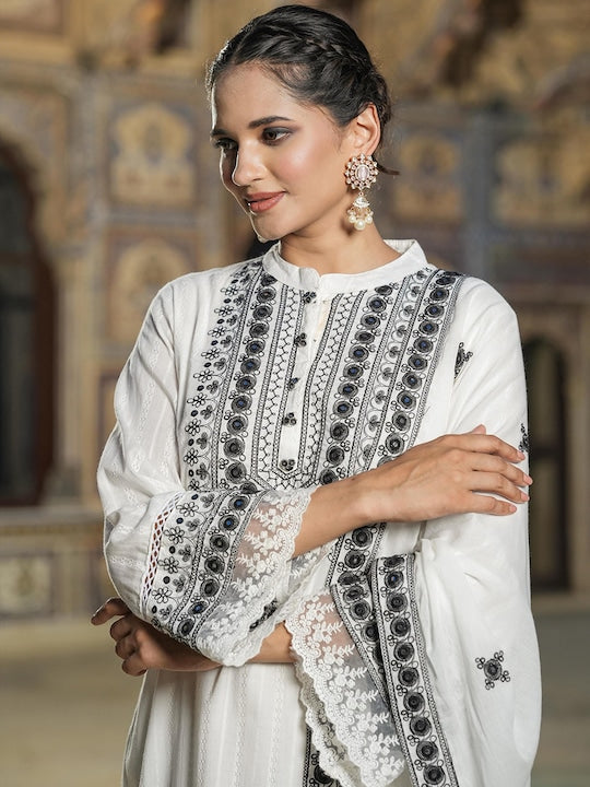 Scakhi Floral Embroidered Regular Pure Cotton Kurta with Palazzos & Dupatta