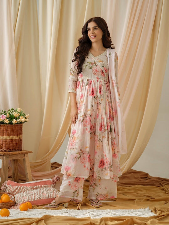 House of Pataudi Floral Printed V-Neck Empire A-Line Kurta and Trousers With Dupatta