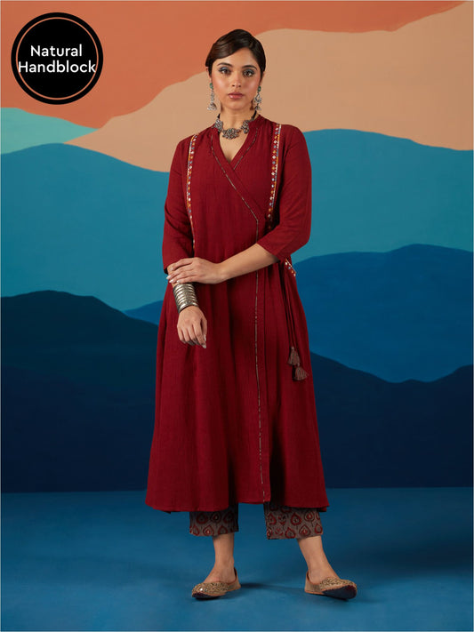 Likha Maroon Indigo Saga Hand block print Co-ord Set LIKSKD197 (Set of 3)