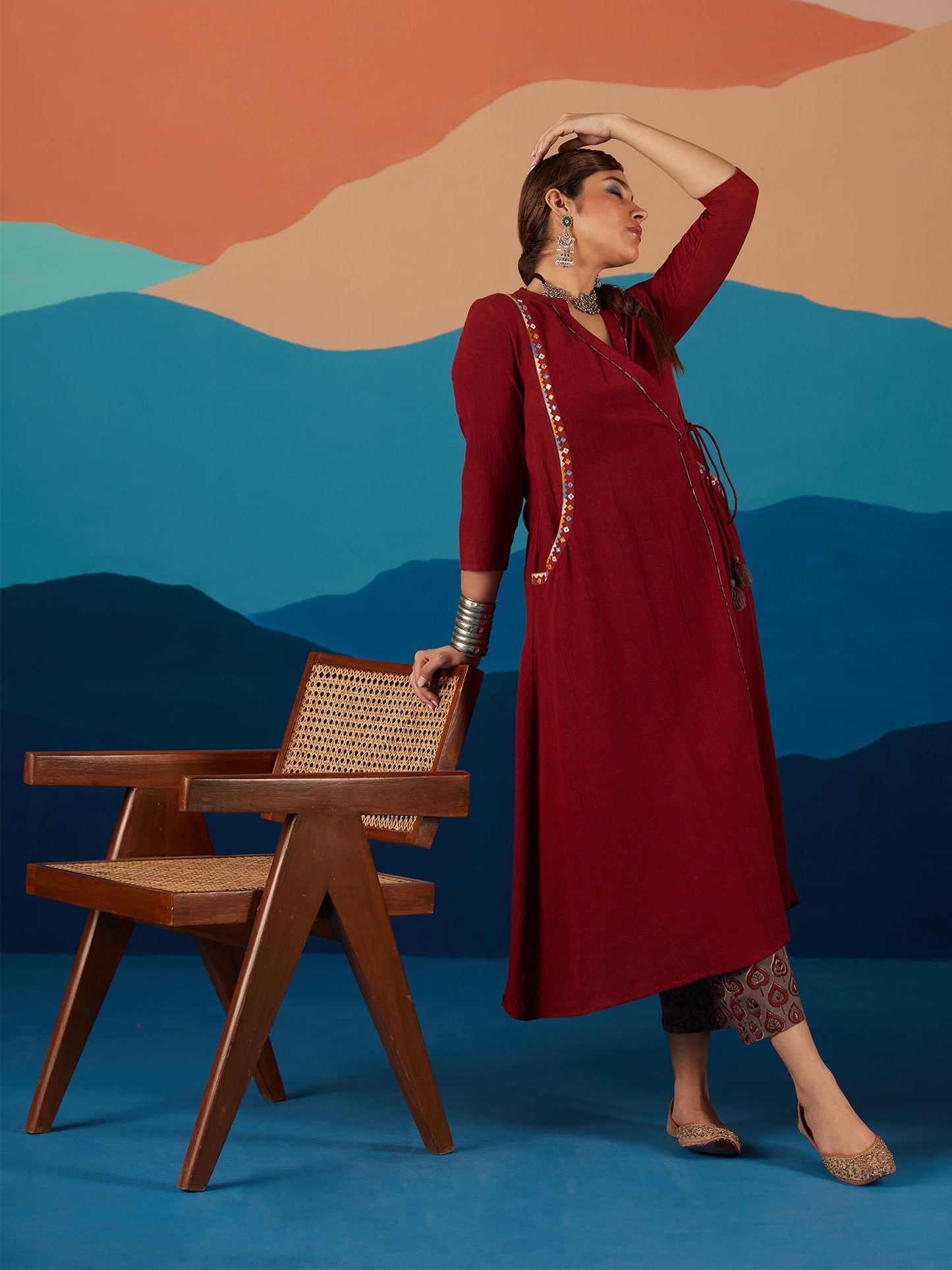 Likha Maroon Indigo Saga Hand block print Co-ord Set LIKSKD197 (Set of 3)