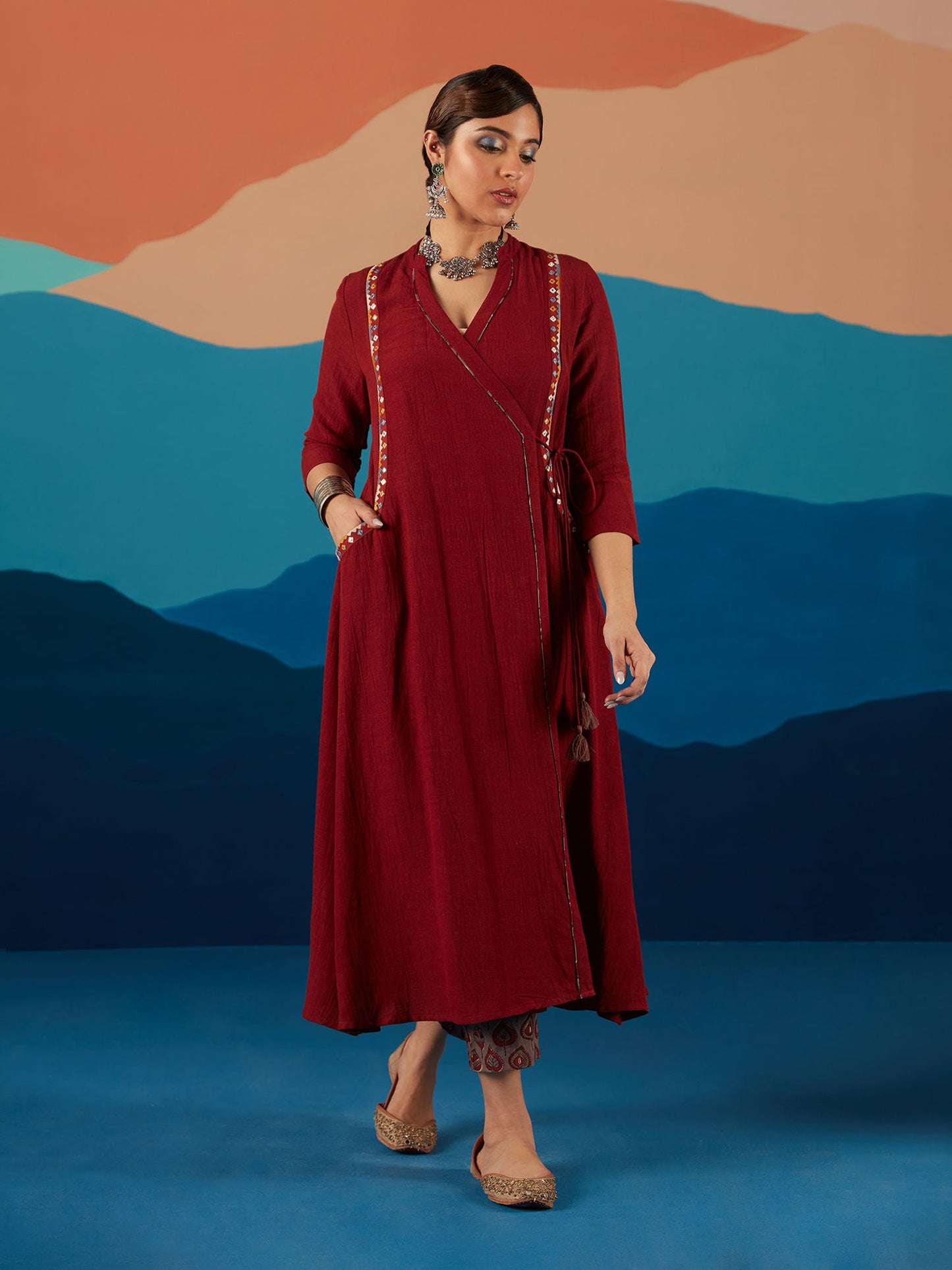 Likha Maroon Indigo Saga Hand block print Co-ord Set LIKSKD197 (Set of 3)