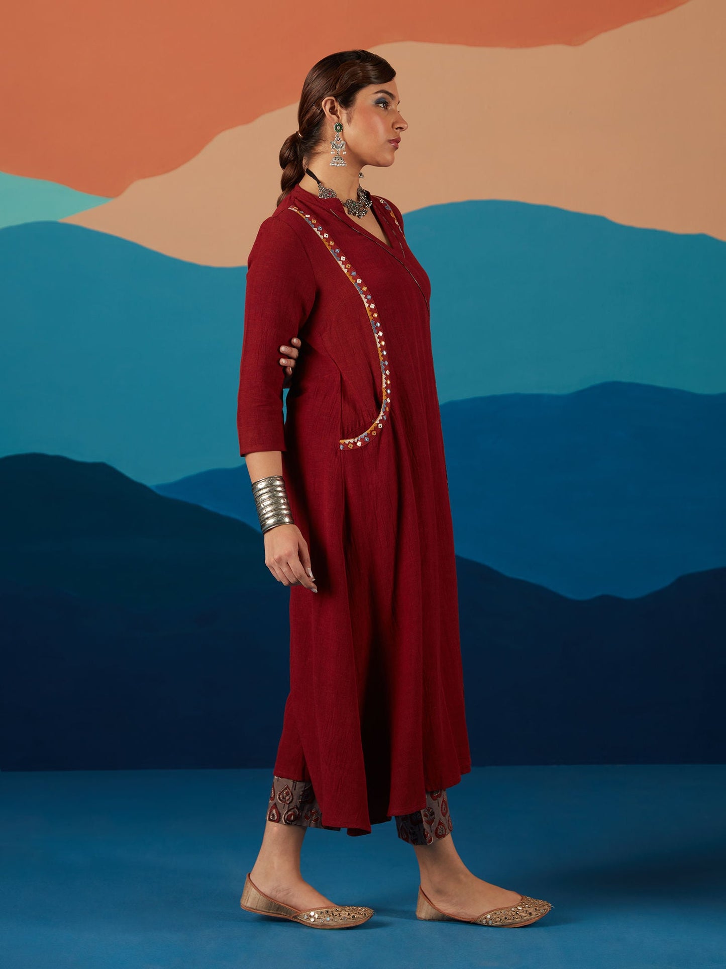 Likha Maroon Indigo Saga Hand block print Co-ord Set LIKSKD197 (Set of 3)