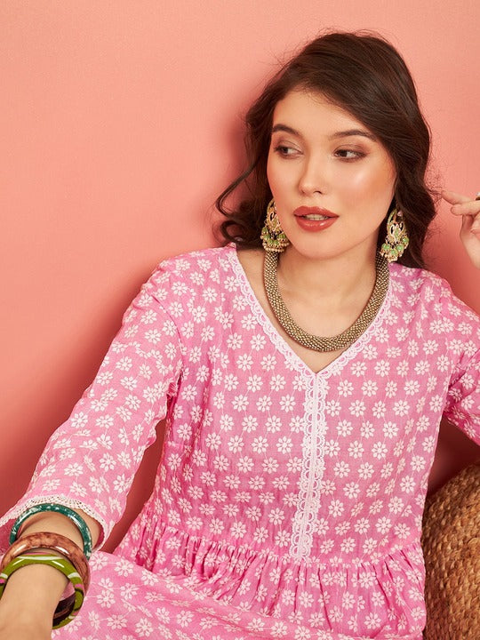 Sangria Pink Floral Embroidered V-Neck Cotton Pleated A-Line Kurta