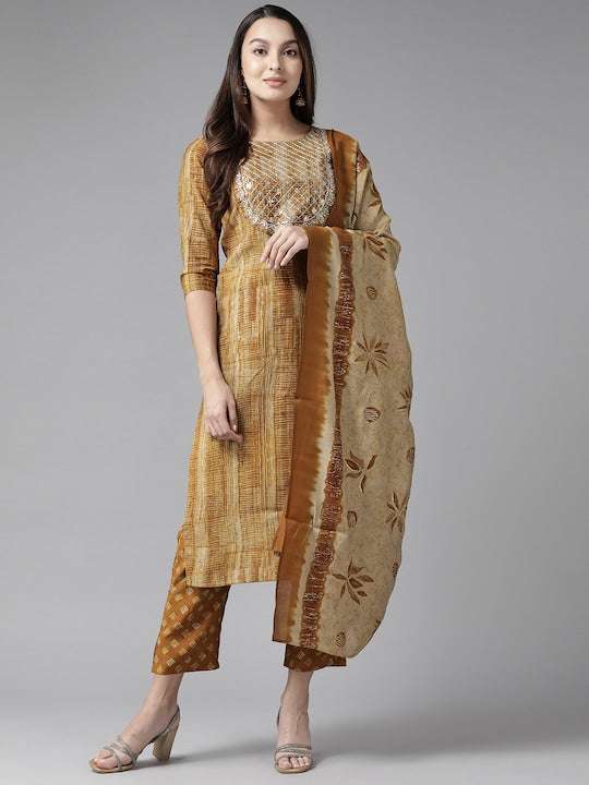 Yufta Women Mustard Yellow Embroidered Sequinned Kurta with Trousers & Dupatta
