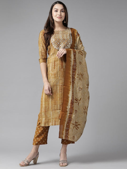 Yufta Women Mustard Yellow Embroidered Sequinned Kurta with Trousers & Dupatta