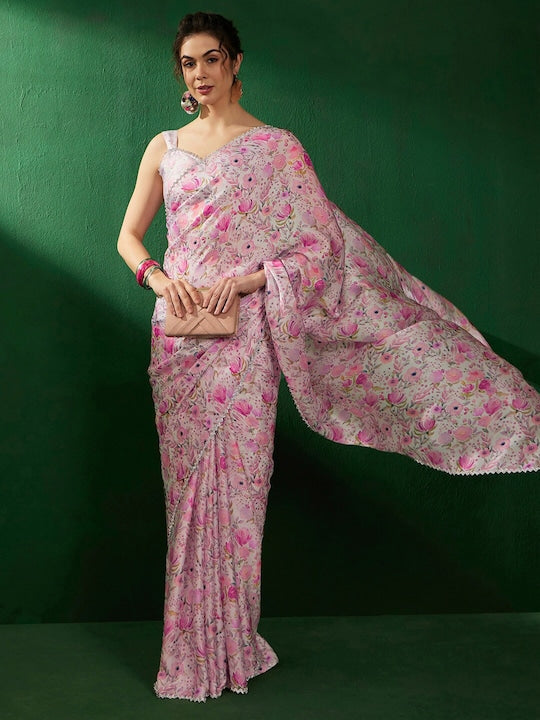 Sangria Floral Embellished Satin Saree