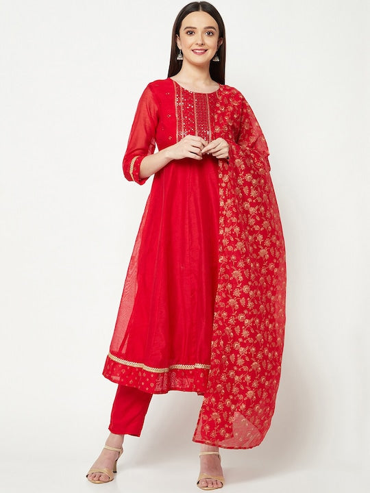 IMARA Yoke Design Sequinned Embroidered Chanderi Silk Kurta & Churidar With Dupatta