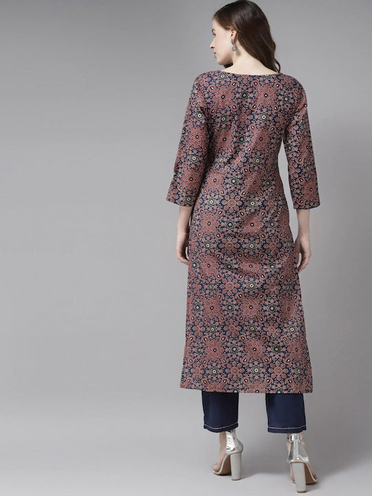 Yufta Women Blue Ethnic Motifs Printed Pure Cotton Kurta with Trousers