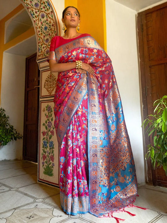 Janasya Pink & Blue Ethnic Motifs Woven Design Zari Chanderi Saree