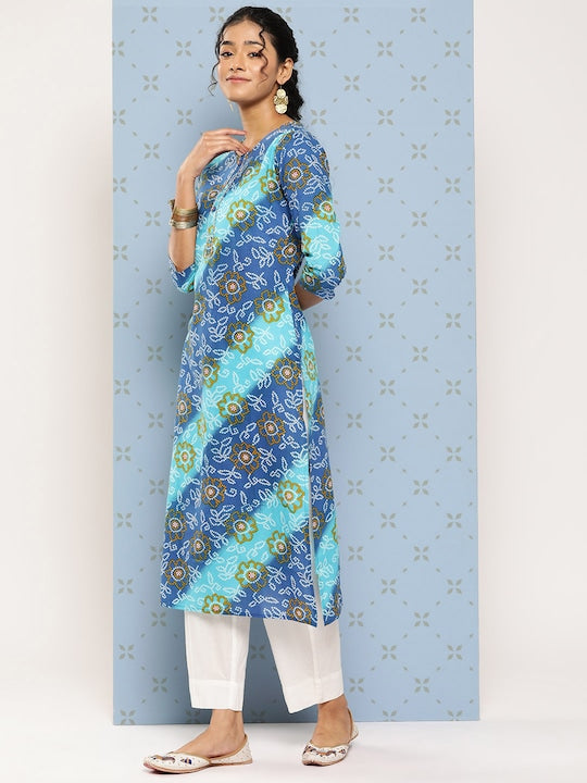 Yufta Women Blue & Blue Bandhani Printed Gotta Patti Kurta