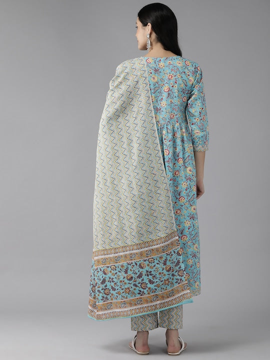 Yufta Women Floral Printed Beads & Stones Pure Cotton Kurta with Trousers & With Dupatta