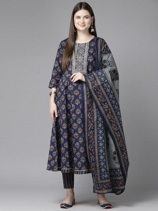 Yufta Ethnic Motifs Printed Sequinned Pure Cotton Kurta with Trousers & Dupatta