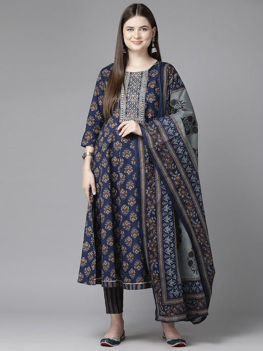 Yufta Ethnic Motifs Printed Sequinned Pure Cotton Kurta with Trousers & Dupatta