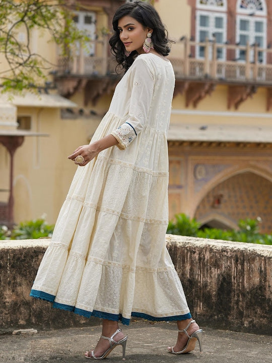 Scakhi Ethnic Motifs Schiffli Self Design Tiered Cotton Fit & Flare Ethnic Dress