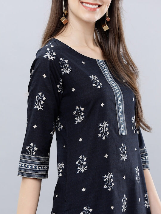 Vishudh Women Navy Blue & Off-White Printed Cotton Kurta with Palazzos