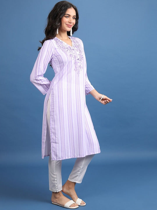 Vishudh Striped Thread Work V-Neck Straight Kurta