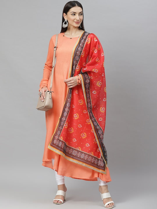 Myshka Women Peach-Coloured Solid A-Line Asymmetric Kurta With Dupatta